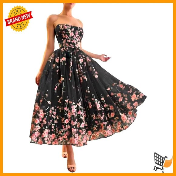 Dresses & Skirts - Strapless Tea Length Prom Dress with Pocket Floral Tulle Ball Gown